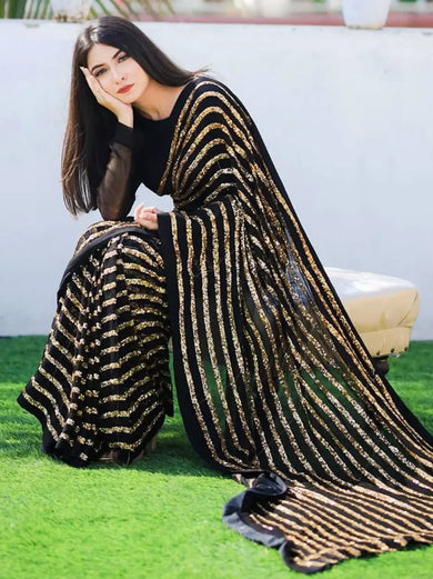 Charming Black Georgette Striped Reception Wear Saree With Blouse